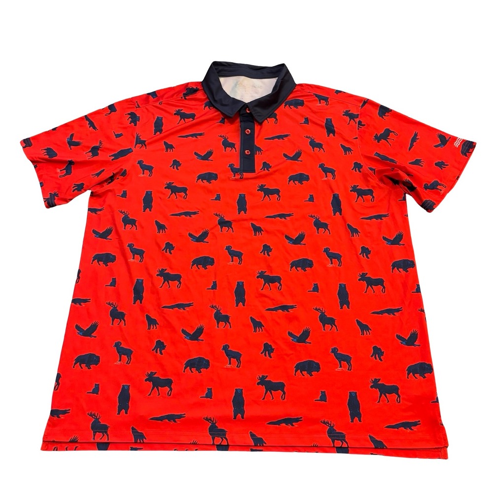 Breakfast Balls Mens Red Americana Animal Print Golf Polo Shirt 2XL Short Sleeve